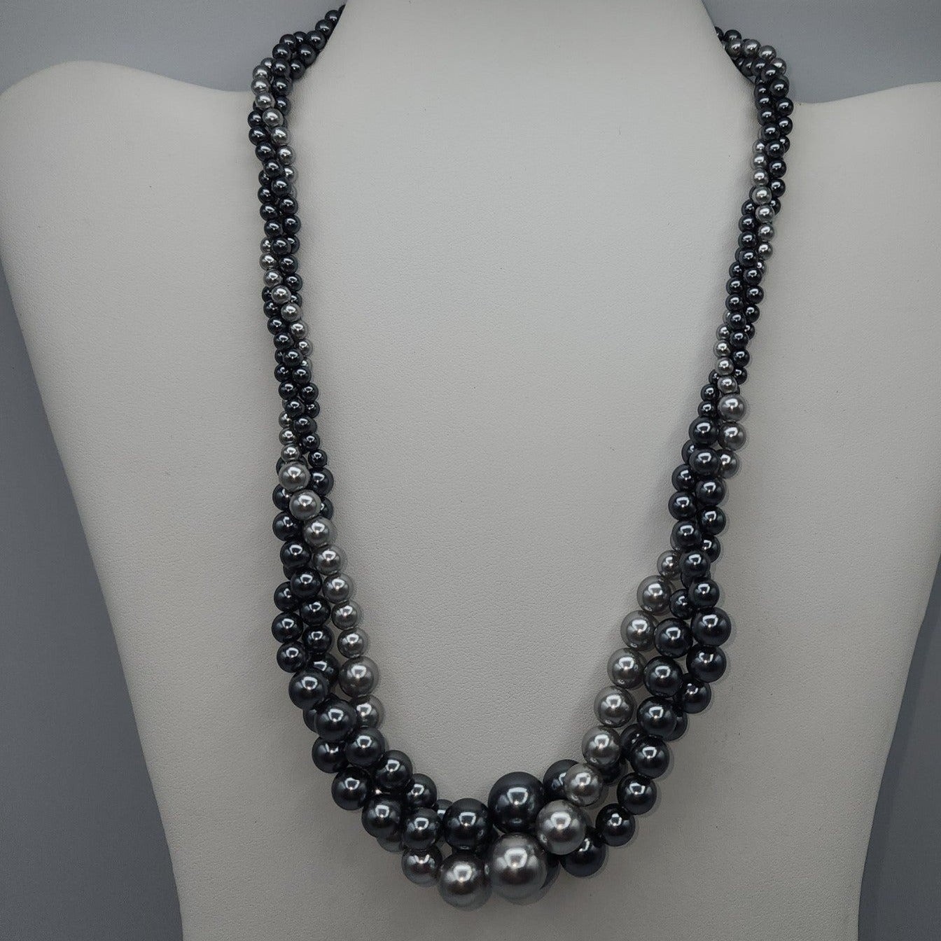 Rmn Necklace Silver Pewter Faux Pearls Three Strand Twist Graduated 18-21